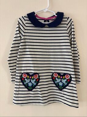 Mini Boden- Navy & White Striped Dress with Floral Heart Pockets